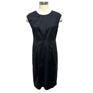 Lafayette 148 Poplin Sheath Dress Womens 4 Black Pleated Office Classic Stretch